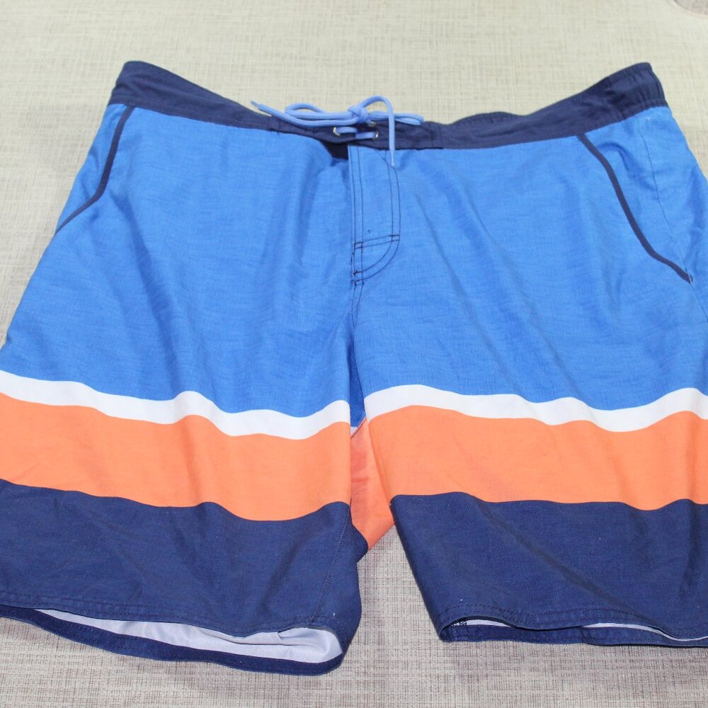 Roundtree & Yorke Blue, Orange and White Swim Shorts with Zipper Front- LIKE NEW